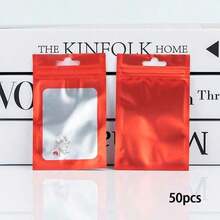 50pcs Pink Packaging Bags, Clear Display Bags For Hanging Accessories, Self-Sealing Bags For Cables, Cosmetics, Holographic Packaging Bags - red - View 11