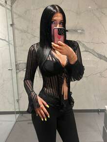 EgrlEra 女款性感極簡風辣妹細肩帶對比蕾絲飾邊V領上衣 - 黑色 - 查看 5