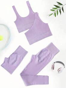SHEIN Sports 女款純色背心式內衣、單肩內衣、底層短褲與緊身褲運動套裝 - 紫色 - 查看 2