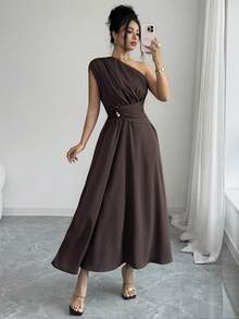 Elenzga Vestido Longo Feminino Primavera/Verão Estilo Francês Chique Luxo Elegante Minimalista Design de Alta Qualidade Casual Boêmio Férias Trabalho Confortável Cor Sólida Decote Assimétrico Costas Franzidas Cintura Elástica Ajustada A-Line Decoração com Contas Sem Mangas - Castanho - Visão 5