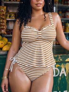Swim Chiccia 2026 New Spring/Summer Plus Size Women's Striped Fabric Wide Strap Ruched Front Loose Tank Top And Low Waist Pants Conservative Slimming Daily 2-Piece Swimsuit Set - Brown - View 3