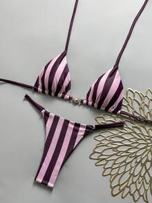 Swim Mod 女款春夏美式國旗印花露背三角比基尼套裝，縮褶T字背褲底，2件式海灘裝，適合日 - 彩色 - 查看 4