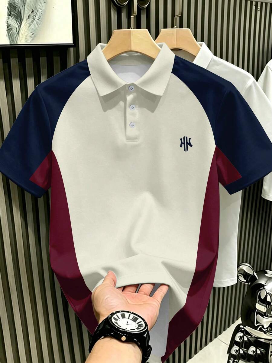 Manfinity Joysei Men's Plus Size Double H Creative Design Small Pattern Colorblock Crew Neck Polo Shirt, Fashion Casual Versatile Sporty Short Sleeve Polo Shirt - Multicolor - View 1