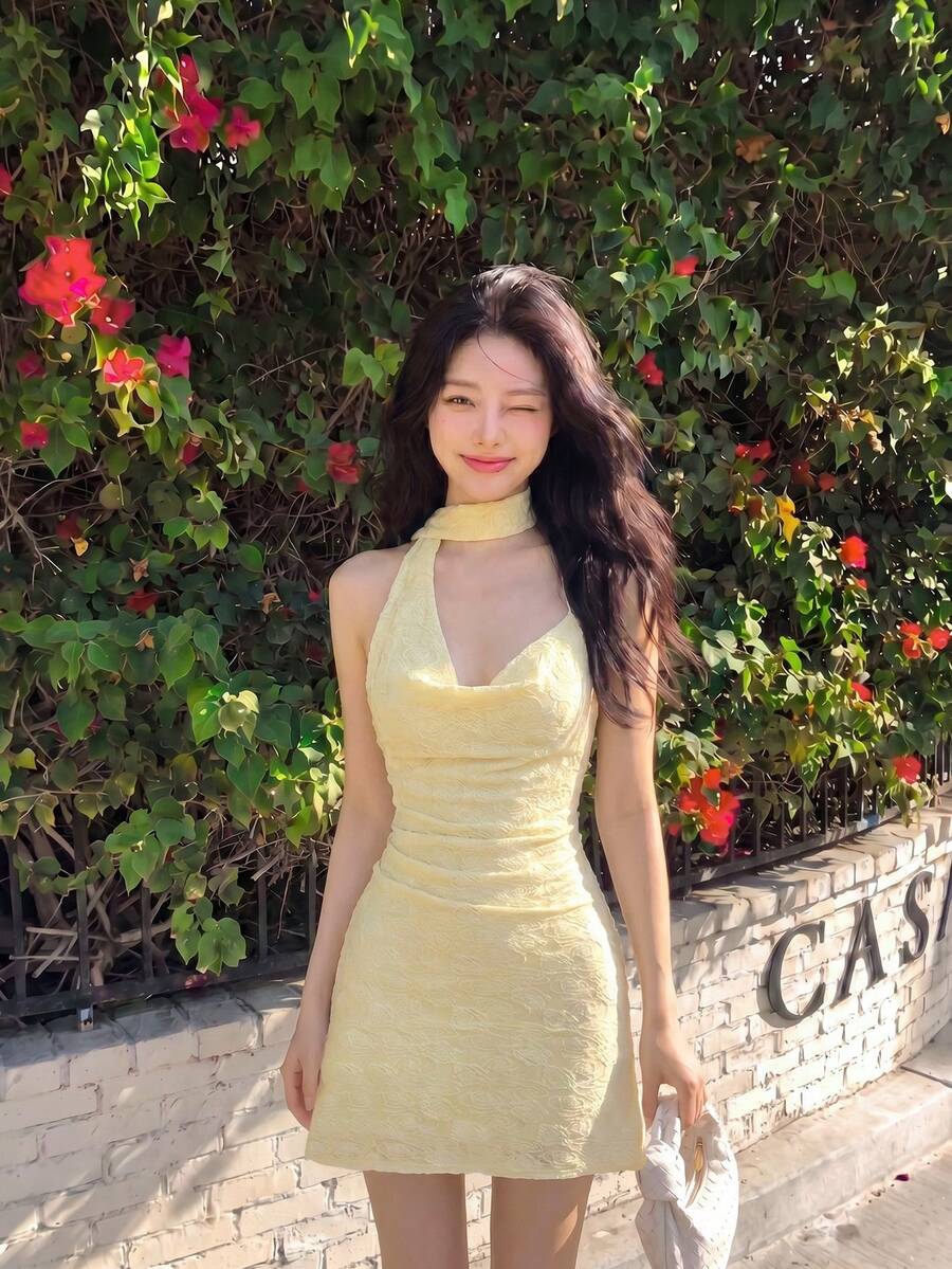 Skyraze Sunshine Yellow Lace Asymmetric Halter Mini Dress With Draped Neck Scarf - Ruched Waist, Slim Fit A‑Line Skirt & Floral Embossed Lace For Summer Parties & Date Nights