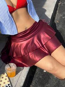 GalTyme 大尺碼女款度假時尚分層百褶設計側綁帶裙 - 酒紅色 - 查看 5