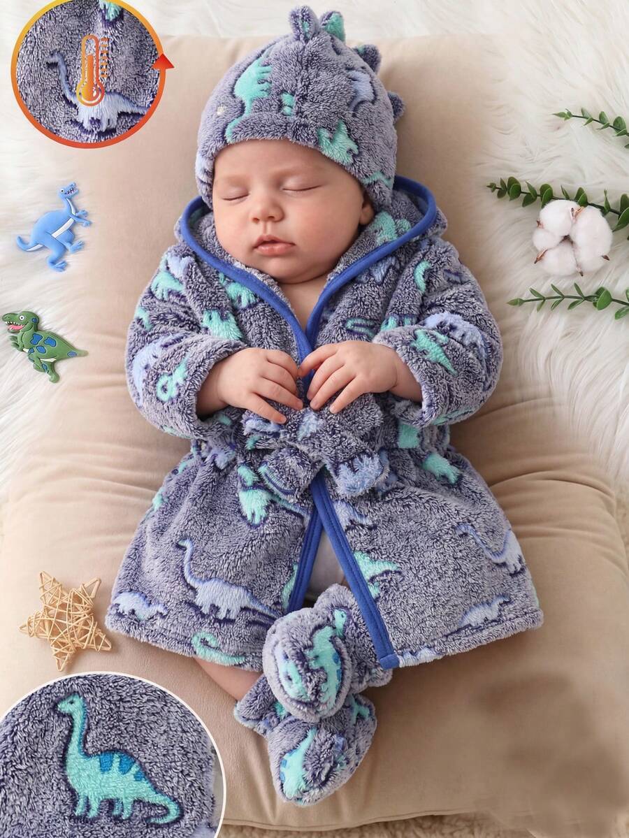 Newborn Soft Plush Gray And Blue Base Color With Blue Dinosaur Pattern Long Sleeve Hooded Button-Front Deep Blue Trim Contrast Edge Sleepwear - Multicolor - View 1
