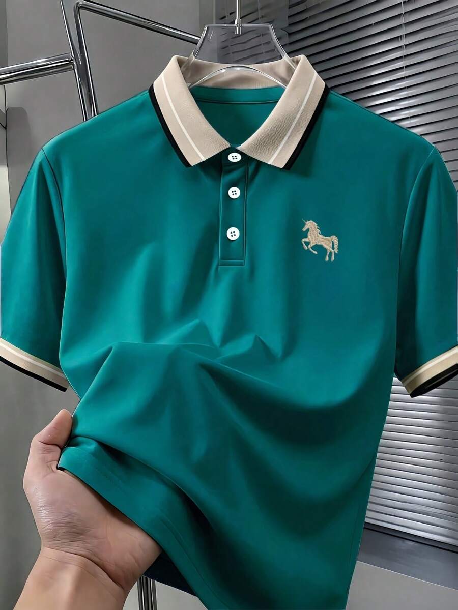 Calvornis 男士珠飾羅紋領刺繡短袖休閒 Polo 衫 - 綠色 - 查看 1