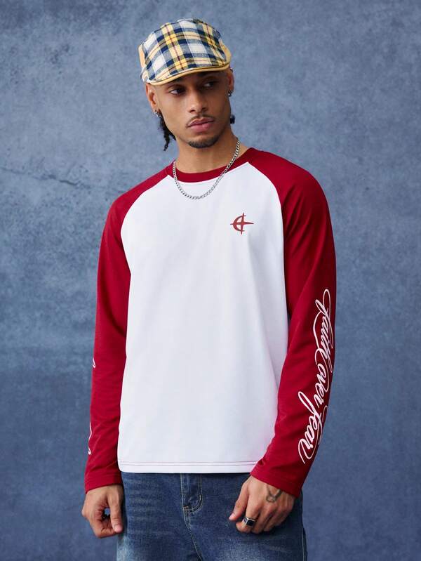 PAVTROS Camiseta casual de hombre con bloques de color, patchwork y estampado de letras para primavera/otoño