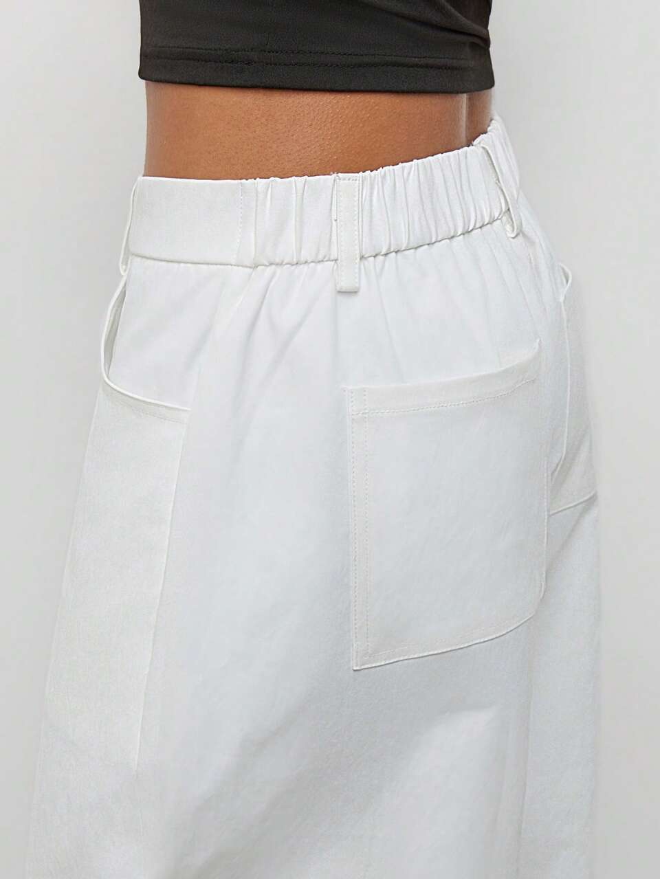 SHEIN Maija Women's Solid Color High Waist Pocket Casual Tapered Long Pants Bar Off-White Summer,Going Out Outfits