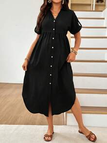 SHEIN 孕婦度假休閒純色前開扣洋裝 - 黑色 - 查看 2