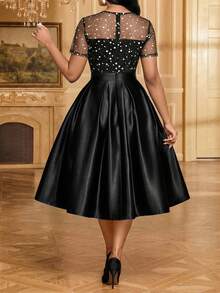 SHEIN Lady Plus-Size Elegant 1950s Vintage 1920s Party Formal Evening Cocktail Dress With Polka Dot Print, Mesh Paneling, Pleated Waist, Satin Hem Black - Black - View 2