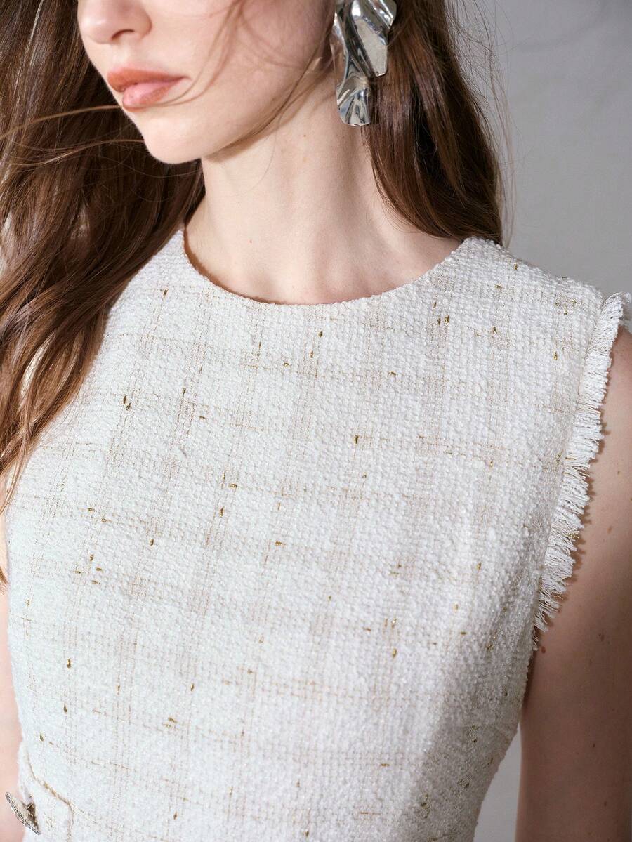 MOTF PREMIUM ELEGANT WOMEN'S SHORT DRESS WITH SMALL ROUND NECK, TEXTURED FABRIC, RHINESTONE BUTTON DECOR AND TASSEL DETAILS - Apricot - View 2