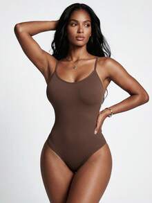 SHAPORA Women's Seamless Coffee Brown Rib-Knit Backless Body Slimming Shapewear Bodysuit - Coffee Brown - View 5
