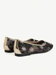 CUCCOO CHICEST Women Shoes Black Gold Embroidered Mesh Square Toe Flat-Soled Shoes, Temperament Commuter Banquet Soft-Soled Shoes - black gold - View 5