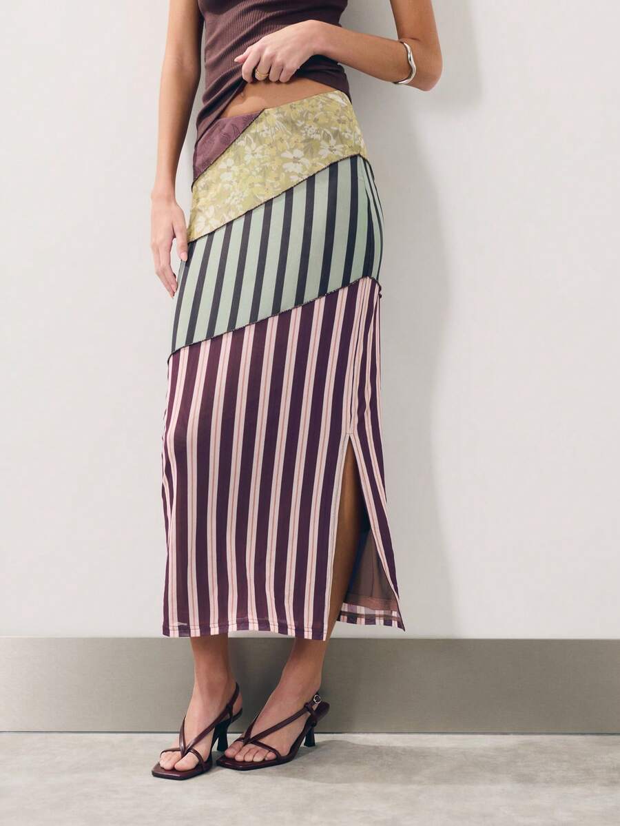 Nöista Patchwork Midi Skirt With High Waist And Diagonal Panels. Summer, Fall, Resort, Casual Chic Style. - Multicolor - View 1