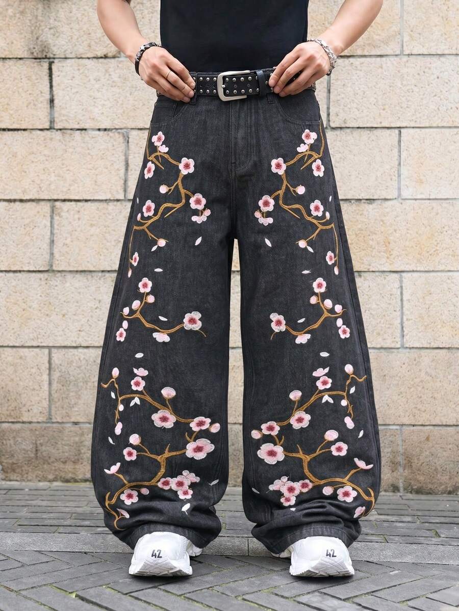 Manfinity Hypemode 大梅花刺繡超寬腿牛仔褲 - 黑色 - 查看 1