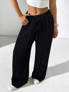 SHEIN PETITE CURVE 大码休闲条纹阔腿裤 - 黑色 - 查看 6
