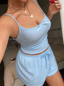 Dazy Plus Solid Color Fitted Bow Decor Camisole Top & Shorts 2-Piece Lounge Set, Spring/Summer Blue Pajama Set - Blue - View 8