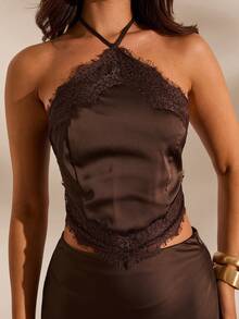 Opulessa Women's Solid Color Fringe Hem Halter Top And Mini Skirt Elegant 2 Pieces Set - Coffee Brown - View 4
