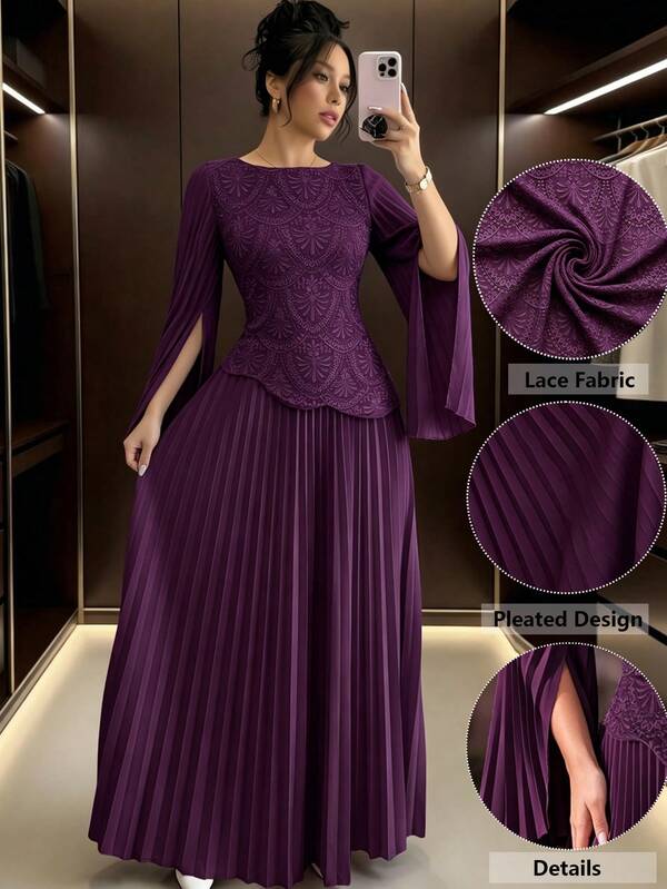 Modelyn Women's Elegant SoftSleeve Pleated Lace Fabric Asymmetric High-End Pleated Evening GownAutumn/Winter High-End Outfitdinner Date Dark Purple, Party