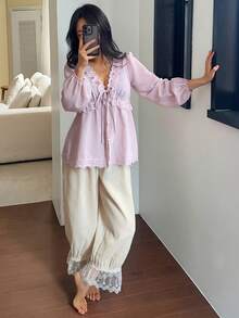 DAZY Women's Solid Color Contrast Lace Front Tie Long Sleeve Top And Pants Pajama Set - Apricot - View 6