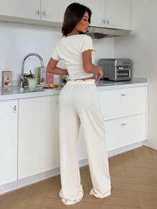 ZzzCrew Solid Color Slim Fit Lace Trim Square Neck Short Sleeve Long Pants Bow Decor Women's Pajama Set - Apricot - View 2