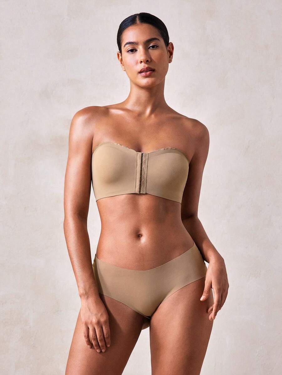 Veilyse 2pcs (Black + Khaki) Front Closure Bandeau Bras, Upgraded Non-Slip Silicone, Wireless Seamless Bras (A-C Cup) - Multicolor - View 1