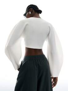 LYSMO Moletom Feminino Casual Sexy Techno Versátil para o Dia a Dia com Design de Cadarço, Cor Sólida, Roupa de Outono para Sair, Noite e Balada, Branco e Marrom Escuro - Branco - Visão 2