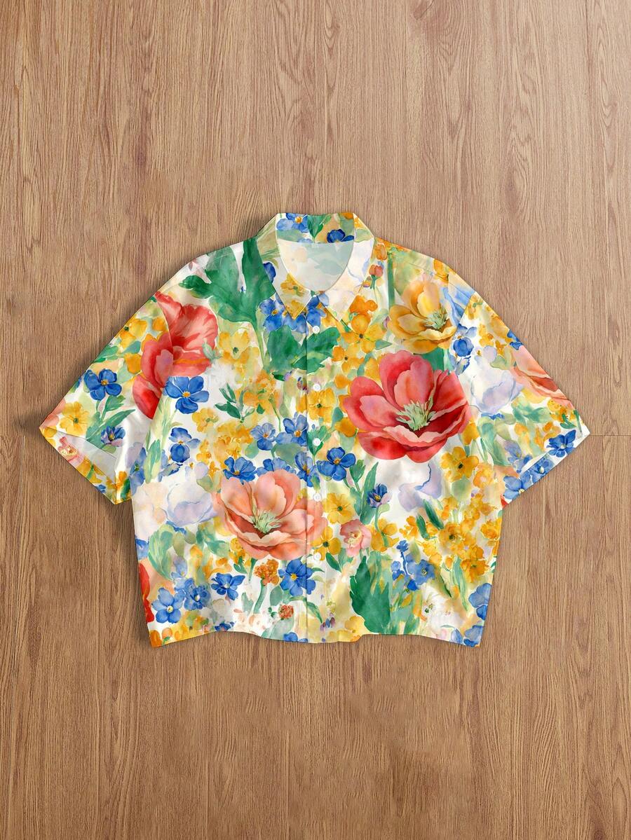 Manfinity Joysei Oil Painting Texture Colorful Floral Fashion Print Men's Standard Size Cropped Loose Fit Short Sleeve Shirt - Multicolor - View 1
