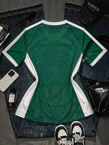 SHEIN EZwear 墨西哥国家足球队女款宽松V领球衣，黄色，撞色领口和袖口条纹，2026世界杯运动时尚比赛日足球街头服饰 - 彩色 - 查看 2