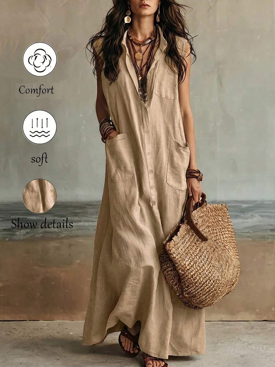 Trelyra Women's Solid Color Multi-Pocket Single-Breasted Casual Sleeveless Shirt Dress Long - Khaki - View 1