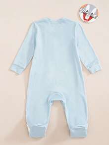 LOONEY TUNES X SHEIN Baby Boy Letter Cartoon Print Casual Daily Wear Jumpsuit Long Pants - Blue - View 2