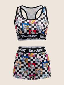 TOM & JERRY X SHEIN Conjunto de Camisole e Calcinha Casual com Estampa Xadrez Feminino - Preto e Branco - Visão 1