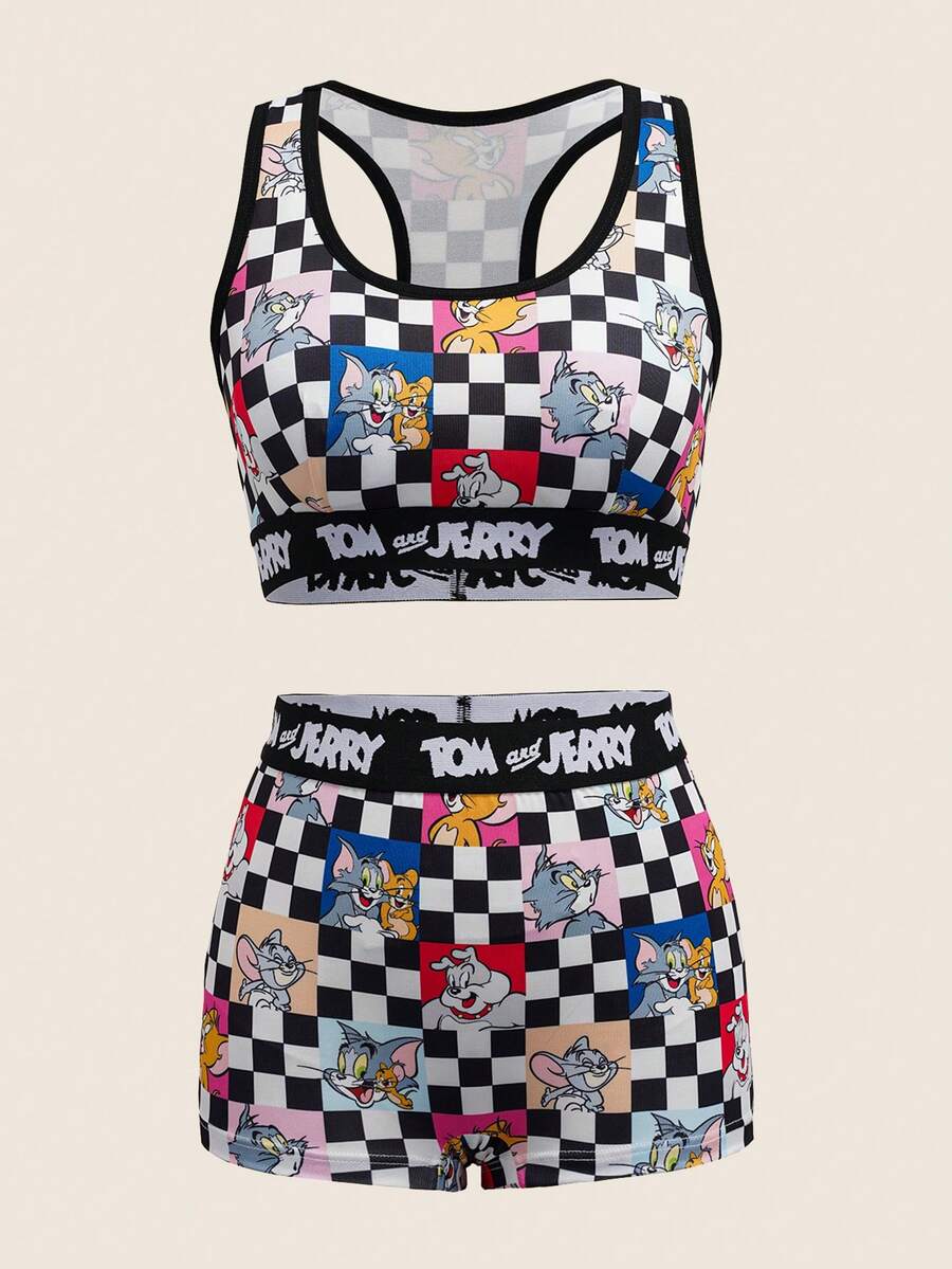 TOM & JERRY X SHEIN Conjunto de Camisole e Calcinha Casual com Estampa Xadrez Feminino - Preto e Branco - Visão 1