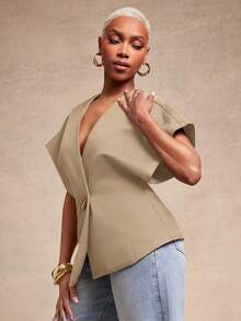 Vixey Solid Textured Woven Asymmetrical Hem Single Button Waistcoat Top, Business Casual, Office, Office Chic, Elevated Essentials, Work To Weekend - Khaki - View 4