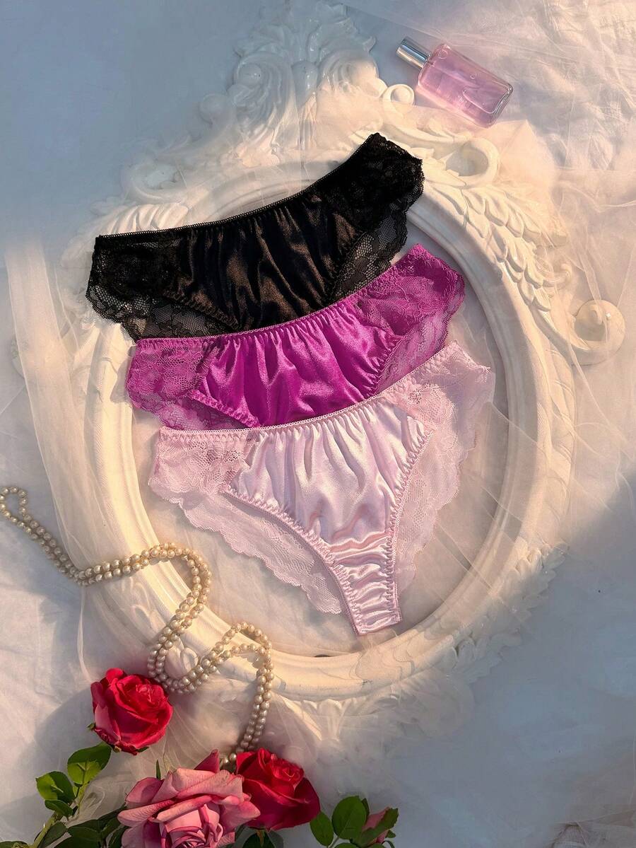 Crystal Vow 3件組女款蕾絲拼接光滑三角內褲 - 彩色 - 查看 1