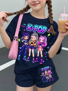 Tween女孩圓領字母卡通印花短袖T恤與短褲休閒日常套裝 返校假期海軍藍夏季 - 彩色 - 查看 1