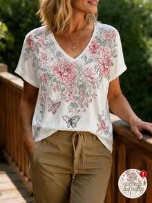 Elouméa Middle-Aged Women Spring/Summer Bohemian Floral Print Vacation Short Sleeve V-Neck Loose T-Shirt - Multicolor - View 6