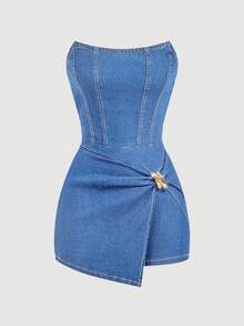 Sweetra Women's Metal Decor Asymmetric Hem Fashion Strapless Denim Jumpsuit - Blue - View 5