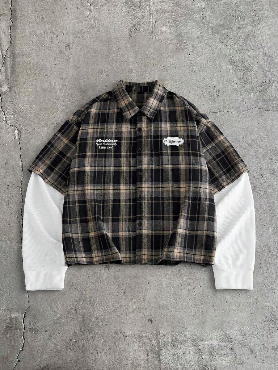 AXEPEAK Men's Patchwork Plaid 2 In 1 Single-Breasted Casual Shirt - Multicolor - View 1