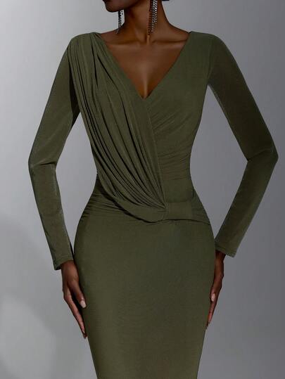 Elitara Elegant Minimalist High-Stretch Knit V-Neck Fabric Ruched Waist Twist Bodycon Mermaid Long Dress, Suitable For Dates, Vacations, Bachelor Parties, Weddings, Back To School, All Formal Occasions, Evening Parties, Women's Bridesmaid Dress