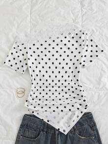 SHEIN Teen Girls Teenage White Black Polka Dot Lace Short Sleeve Personalized Elegant Charm, Summer, Knit, Back To School, Vacation,3 Pack - White - View 2