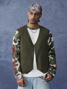 PAVTROS Men's Solid Color V-Neck Single-Breasted Casual Vest - Army Green - View 3