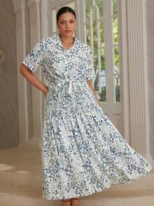 VOLUPTÉ CURVE Plus Size Women's Spring/Summer Blue And White Floral Lace Trim Shirt Collar Short Sleeve Maxi Skirt Set, Elegant A-Line Work Brunch Vacation Set - Blue - View 9