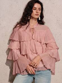 Revavyn Spring/Summer Solid Color Cream/Beige French Vintage Minimalist Elegant Women's Chiffon Blouse With Glossy Textured Crinkle Fabric, Small Stand Collar, Tie Neck, Multi-Layered 3D Ruffle Hem, Loose Flattering Fit, Romantic Elegant Delicate Bohemian Vacation Versatile Shirt - Pink - View 3