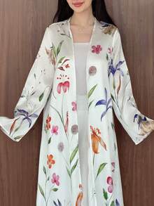 Yasmeen Edit Yasmeen Edit Women's Floral Print Satin Long Sleeve Abaya White - White - View 4