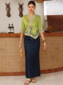 EastFlair Atasan Wanita untuk Liburan, Motif Renda, Patchwork, Hem Asimetris, Ikat Depan, Tyrande, Gaun Makan Malam Musim Panas, Warna Hijau Elegan - Hijau - View 4