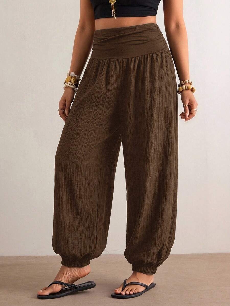 Freevana Plus Size Women Solid Color High Waist Pleated Casual Lantern Pants - 咖啡棕 - 查看 1