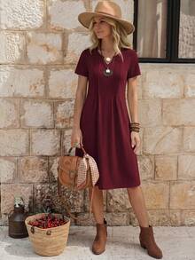 EMERY ROSE Women's Solid Color Collar Notch Pocket Short Sleeve Casual Mid-Calf Dress - Red - View 3