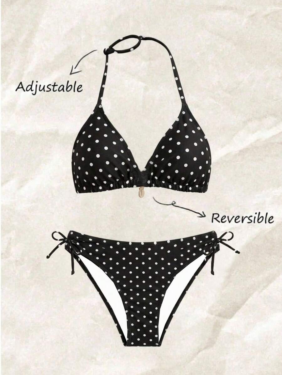 SHEIN Girlism 少女休闲舒适波点度假比基尼泳装 - 黑與白 - 查看 1